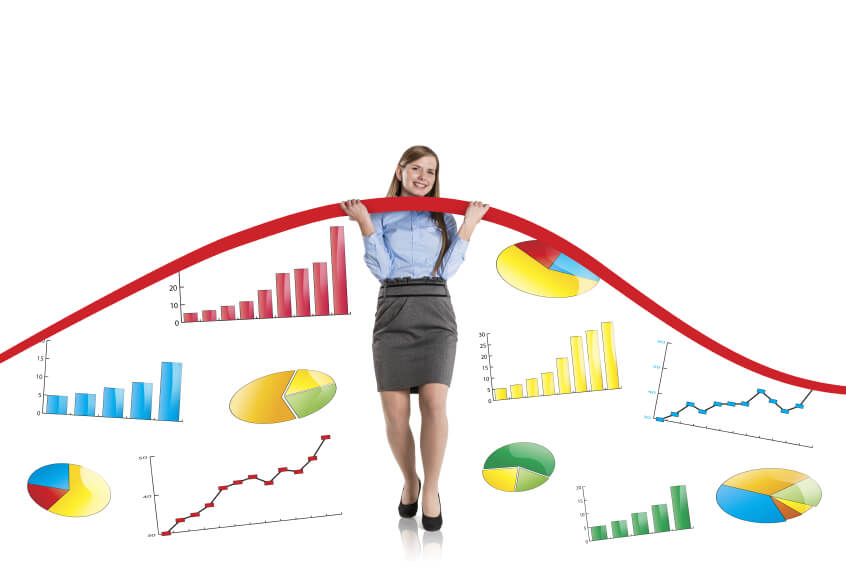 A business woman holding a red ribbon with graphs and arrows.
