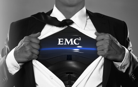 A man in a suit with the word emc on his chest.