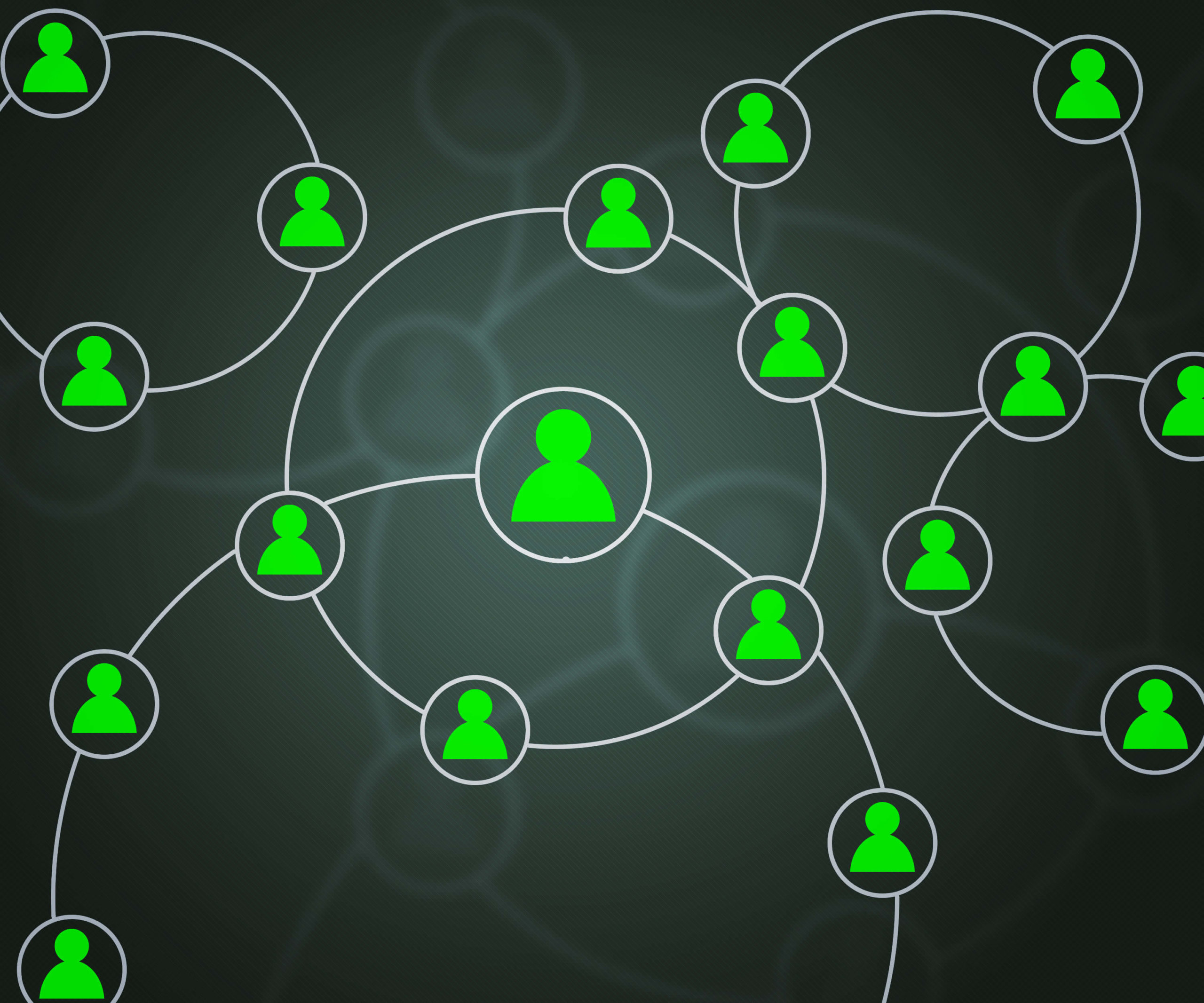 A network of green people in a circle on a dark background.