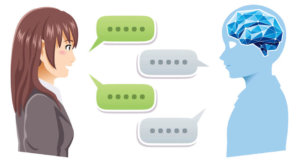 A woman is talking to a man with speech bubbles.
