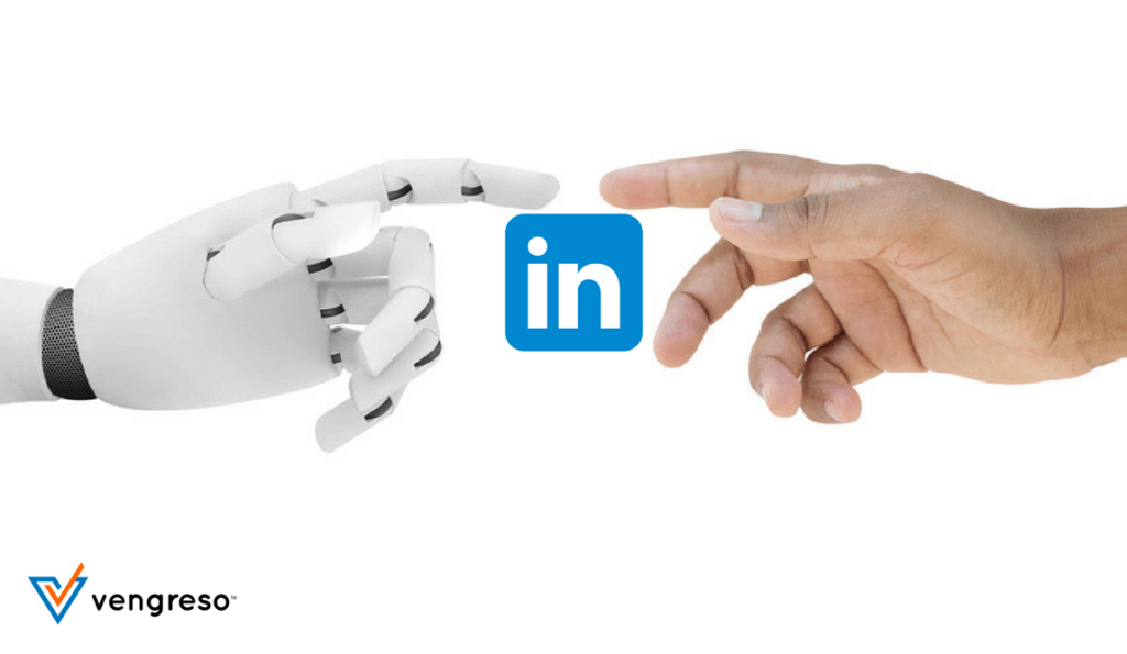 robot hand and Human hand and LinkedIn logo