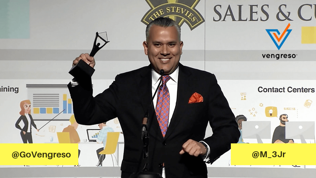 Vengreso CEO Mario Martinez Jr Accepting Gold Stevie Awards for their 10 Steps to Digital Sales Transformation Program