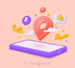 3d drawing of a mobile phone laying down and a big location icon coming out with other social symbols