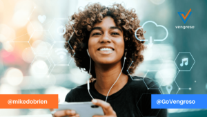 Young Woman Listening to Podcasts - 5 Sales and Marketing Alignment-Podcast Roundup Episodes-Modern Marketing Engine