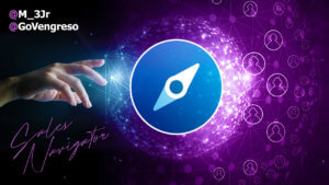 A hand reaching out to a blue circle on a purple background in LinkedIn Sales Navigator.