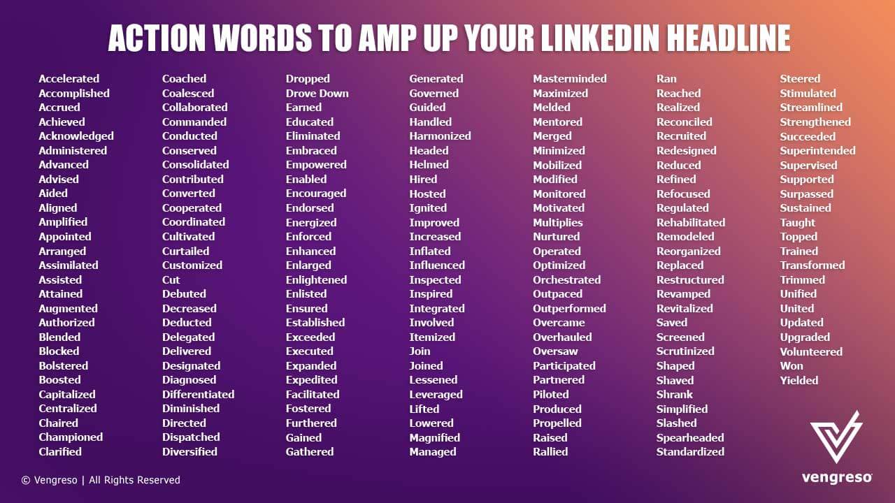 list of action words Action Words to Amp Up Your LinkedIn Headline Examples on purple background