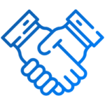 A blue handshake icon on a black background.