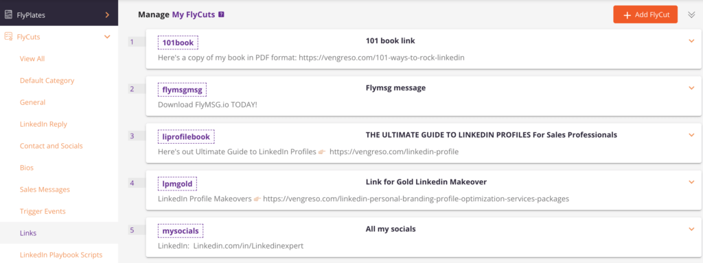 Screenshot of FlyMSG dashboard showing links and other snippets