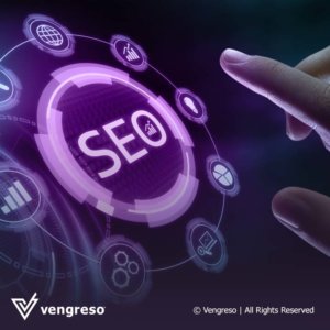 Squared image with a 3D screen that says SEO and a finger interacting with it