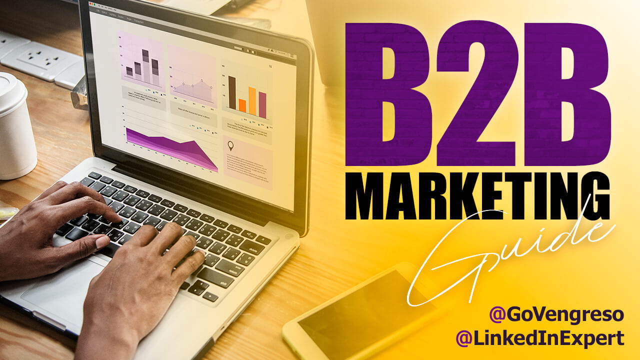 Featured Image of B2B Marketing Guide including a laptop with a presentation in the screen and two hands on the keyboard