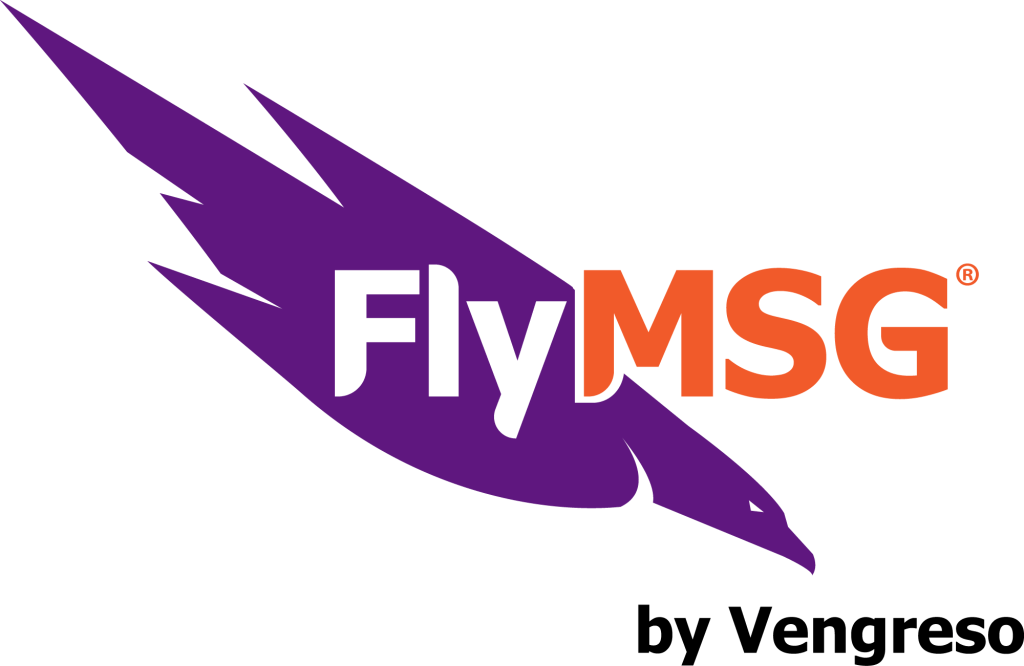 A stylized purple eagle with sharp wings faces right. The word "FlyMSG" overlays the eagle—"Fly" in white and "MSG" in orange. Below, "by Vengreso" is written in black. The logo combines bold text and a dynamic eagle.