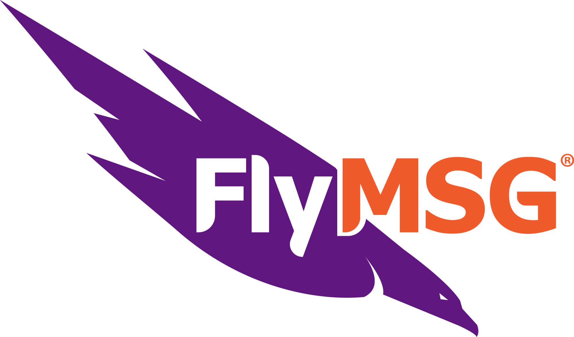 A stylized purple eagle in flight faces right, with the word "Fly" in white and "MSG" in bold orange text overlaying the wing. The eagle’s beak and eye are visible at the tip of the wing.