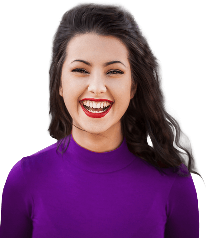 A smiling woman in a purple shirt engaging in account-based prospecting.