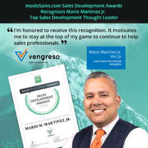 Mario Martinez Jr. with InsideSales.com award for Top 10 Sales Development Thought Leader.