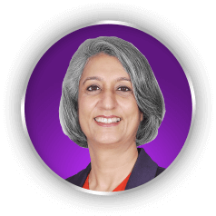 Priya Sachdev, a woman with grey hair portrayed within a purple circle.