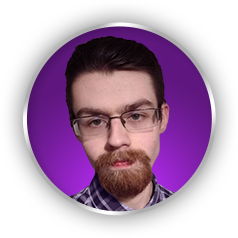 Reece Haynes with glasses and a beard on a purple background.