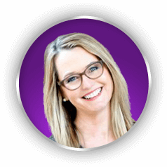 A woman named Wendy B. Gertridge wearing glasses is portrayed on a purple circle.