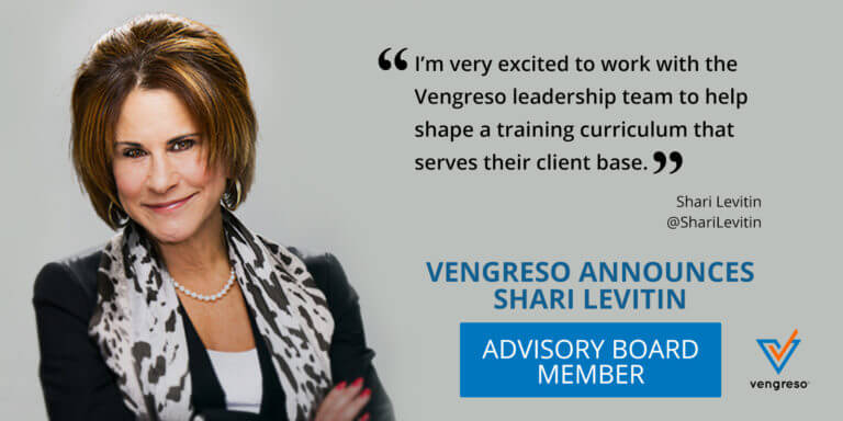 A businesswoman wearing a suit with the Vengreso logo announces the appointment of Shari Levitin to their advisory board.