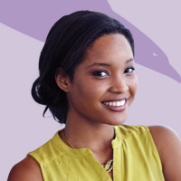 A black woman smiling amidst our team members, against a purple background.