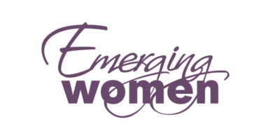 The logo for emerging women on a black background with a touch of Vengreso.