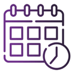 A purple calendar icon with a clock representing efficient time management for individuals.