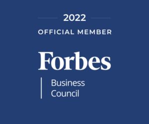 Forbes business council logo featuring Mario Martinez Jr on a blue background.