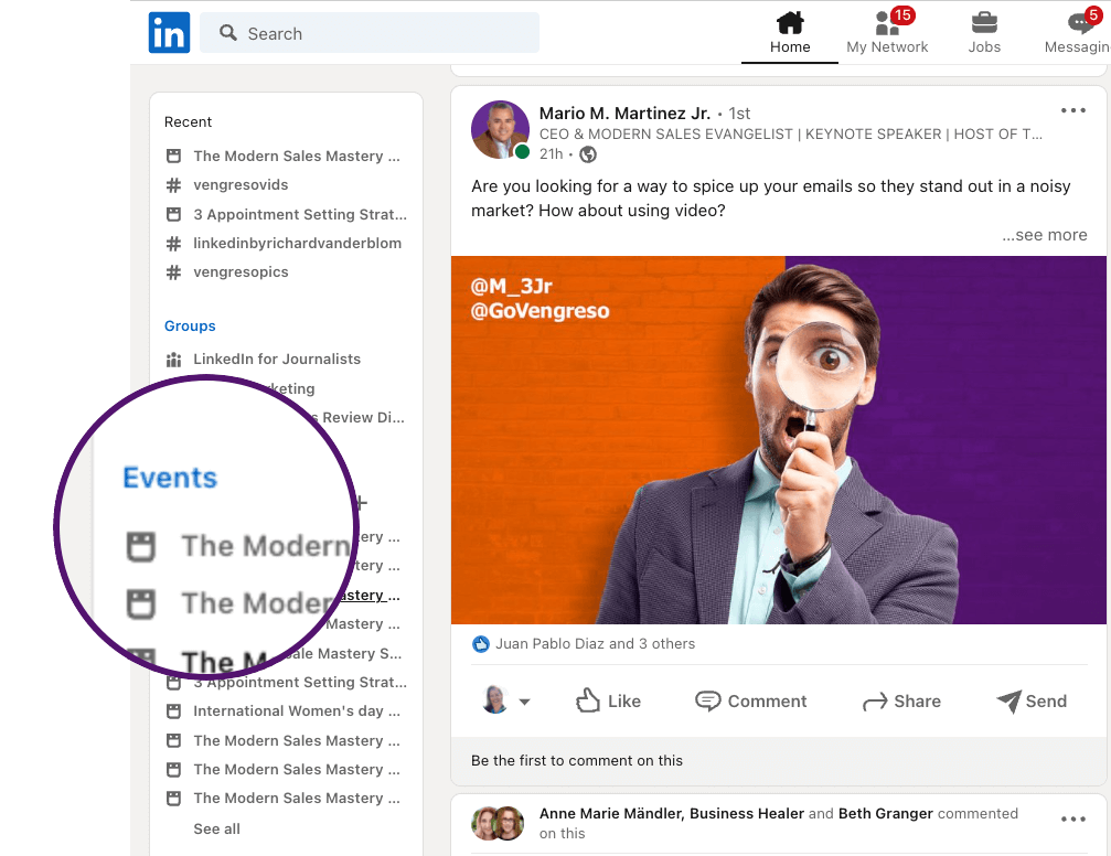 LinkedIn Feed highlighting events at the left side of the screen