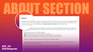 The image depicts a webpage section titled "LinkedIn about section" in bold text with a close-up view of text beneath. The design includes a vibrant orange background and stylized text discussing virtual/remote selling tips, with "@m_3jr @govengreso" tagged at the bottom.