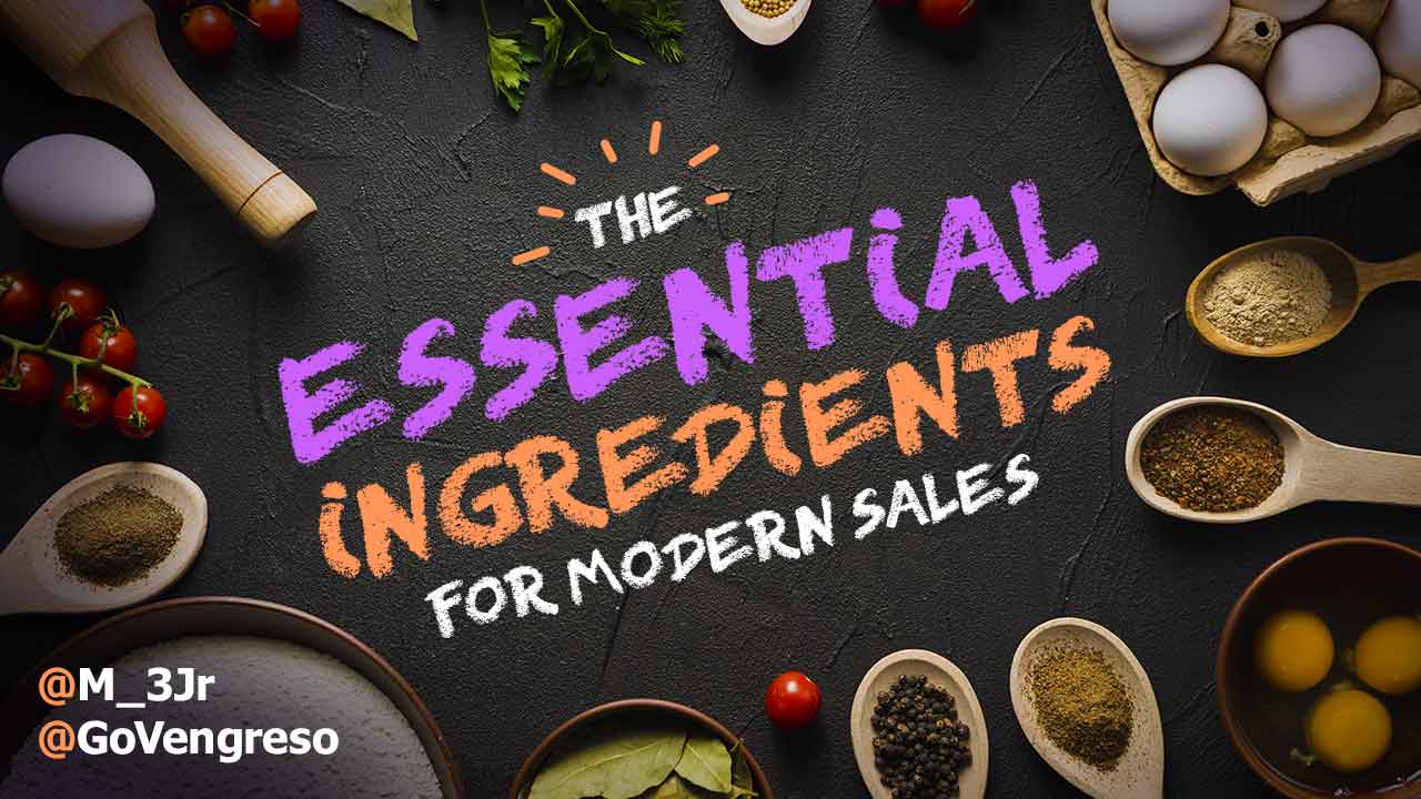 Table with cookware and text in the center alluding to essential ingredients for modern sales
