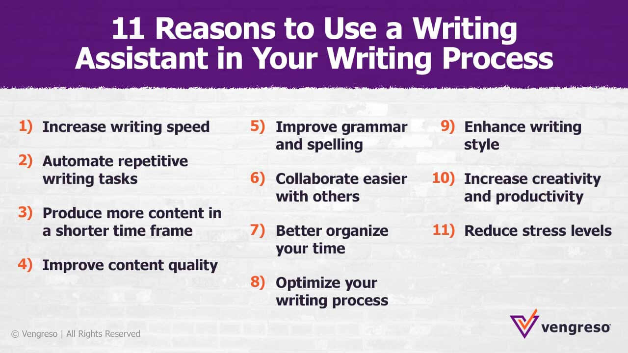 chart with 11 reasons to use a writing assistant