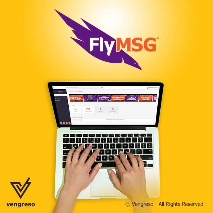 hands over laptop keyboard and flymsg logo