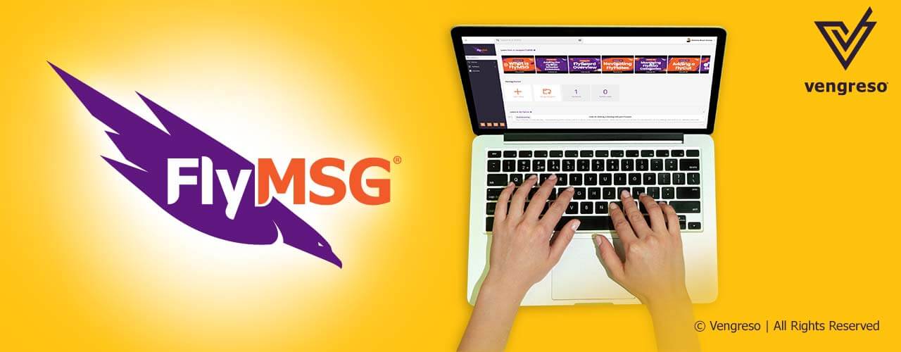 flymsg logo next to hands over a laptop