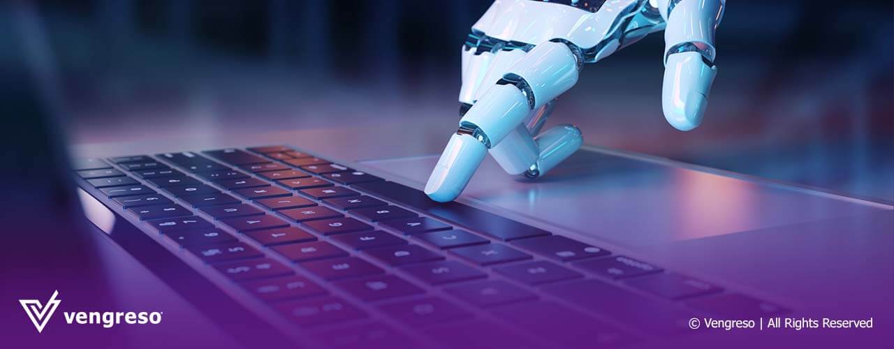 close up of robot hand typing on a laptop