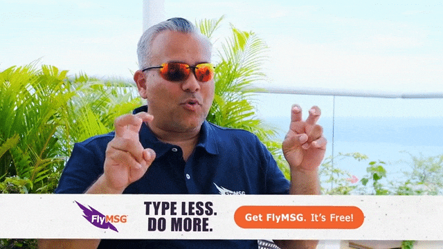 A man in sunglasses with the words "type less, do more" advertising FlyMSG.