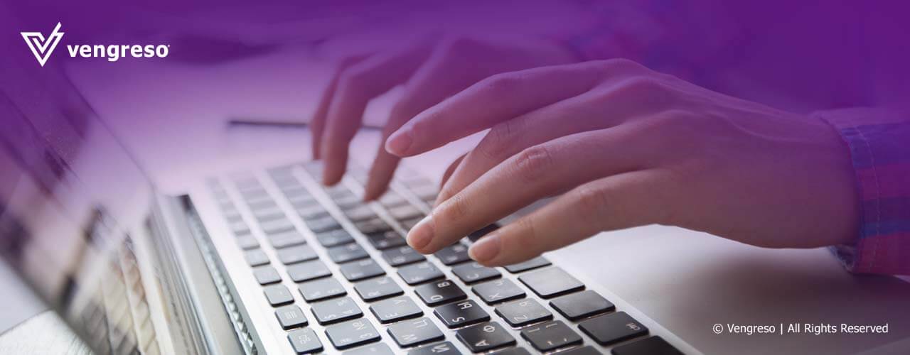 A person boosts operational efficiency by typing on a laptop against a purple background.