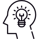 line drawing of a person's profile with a lightbulb inside the head for cross selling