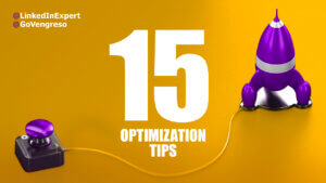 the words 15 optimization tips in the middle and a rocket with a launch switch around them