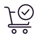 line drawing of a shopping cart and a check mark