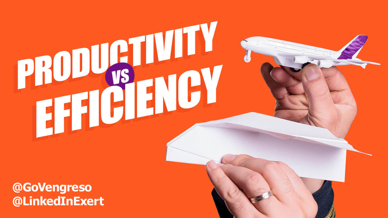hand holding a model airplane and other hand holding a paper airplane productivity vs. efficiency