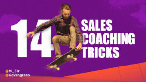 man on skateboard jumping over the words sales 14 sales coaching tricks