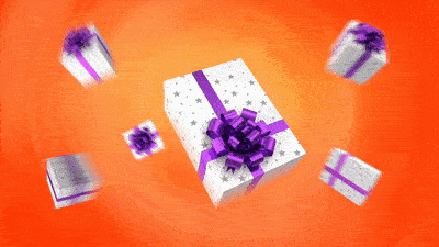Corporate gifts flying around on an orange background gif