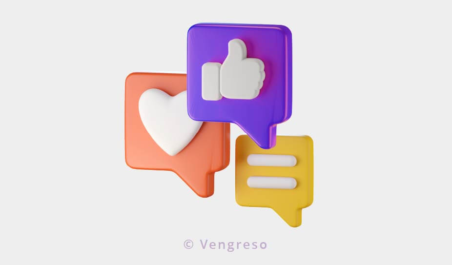 3d drawing of three icons one on top of the other, one with a thumbs up or like, another with a heart or love, and the other with text lines