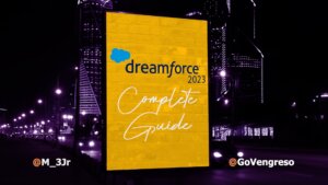 the dreamforce 2023 complete guide a yellow book over a city background
