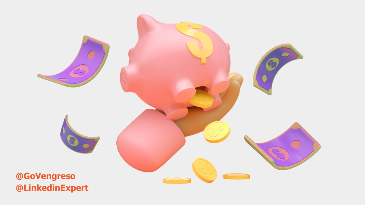 piggy bank floating surrounded by purple money to save time and money
