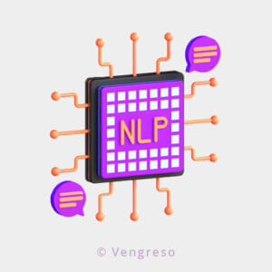 3d drawing of a computer chip with two chat bubbles on each side and the letters NLP in hte center of it