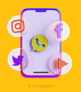 3d drawing of a mobile phone with social media icons