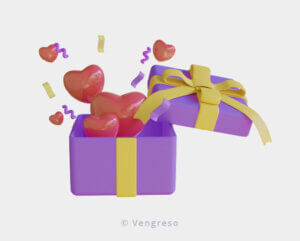 3d drawing of a gift opening up with hearts coming out of it as a thank you for your order appreciation