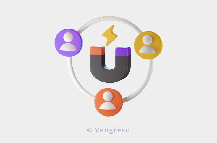3d drawing of a big magnet surrounded by profile icons for social selling