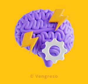 3d drawing of a brain with two lighting bolts and a gear hovering over