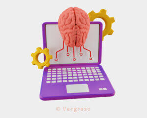 3d drawing of a laptop with a brain hovering over it with links to the computer and gears on the sides